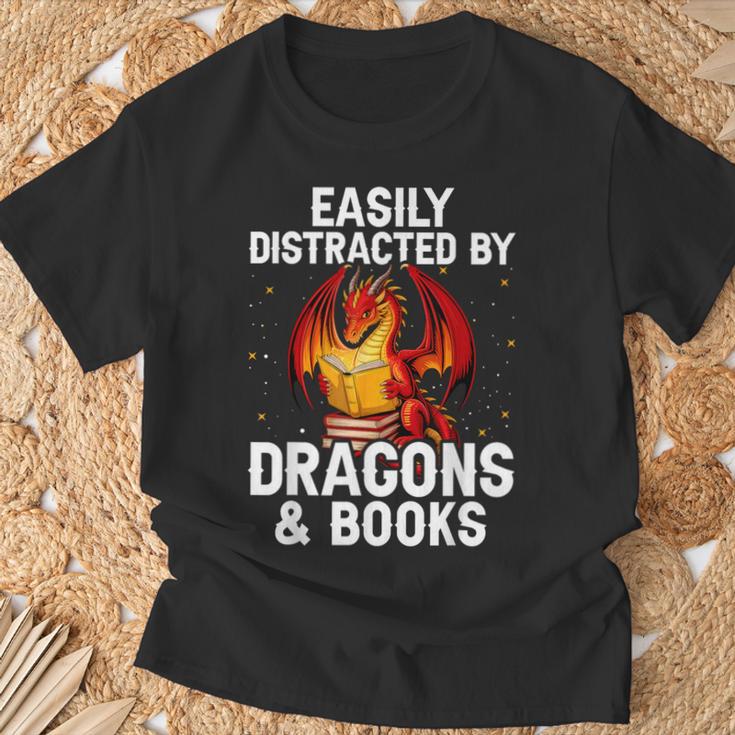 Easily Distracted By Dragons And Books Reading T-Shirt Gifts for Old Men