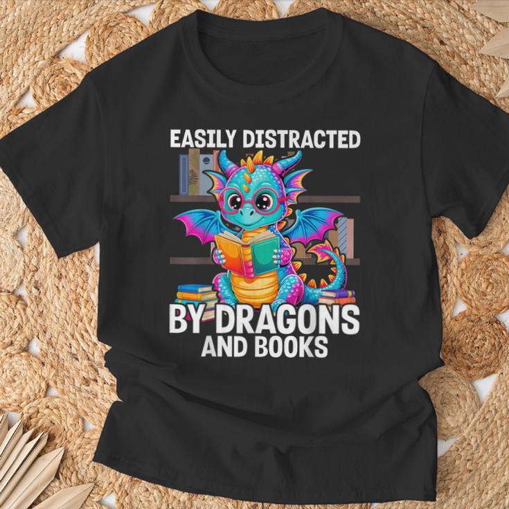 Easily Distracted By Dragons And Books T-Shirt Gifts for Old Men