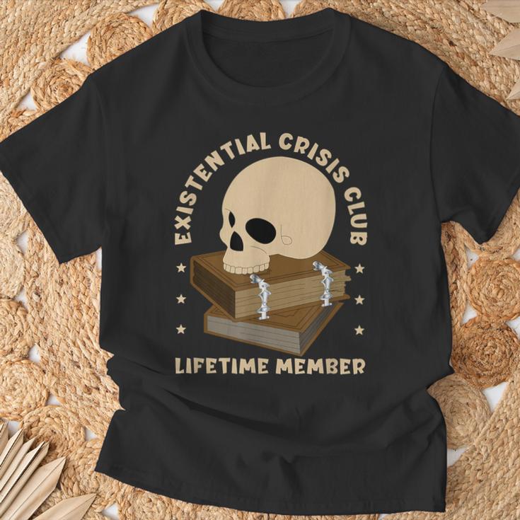 Existential Crisis Club Lifetime Member Skull Books Sarcasm T-Shirt Gifts for Old Men