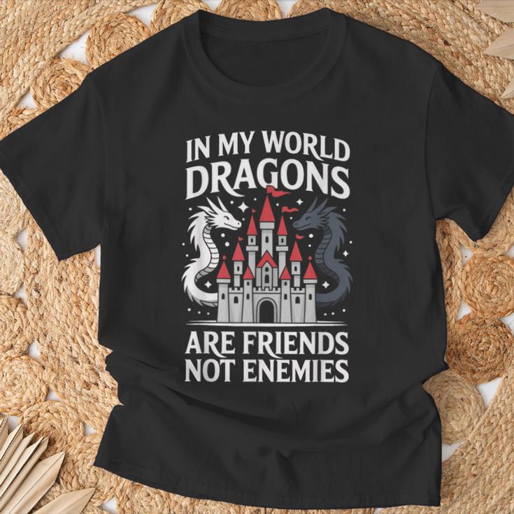 Fantasy Book Bookish My World Dragons Friends Not Enemies T-Shirt Gifts for Old Men