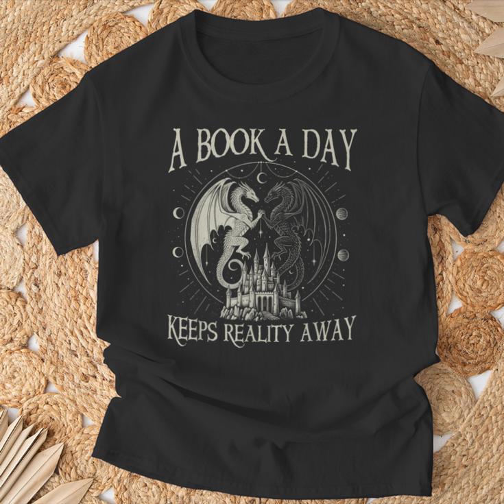 Fantasy Book Club Dragon Reader Book A Day Keep Reality Away T-Shirt Gifts for Old Men