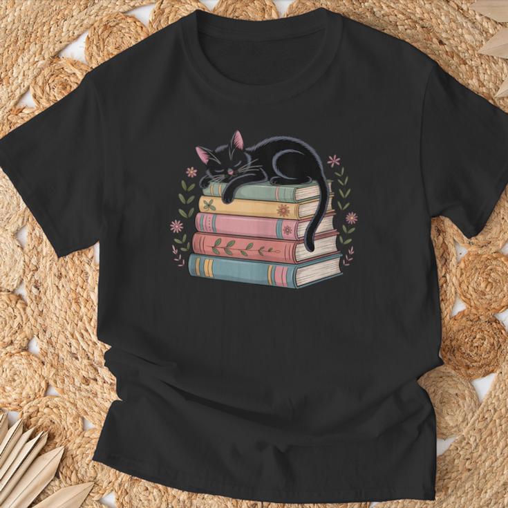 Floral Cat Sleeping On Books T-Shirt Gifts for Old Men