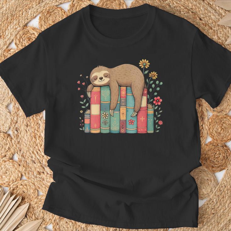 Floral Sloth Sleeping On Books T-Shirt Gifts for Old Men