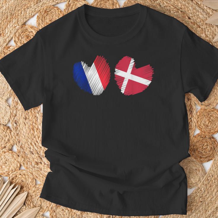 France Danemark Coeur Drapeau Français Danois Drapeau Grunge Coeur T-Shirt Cadeaux pour les vieillards