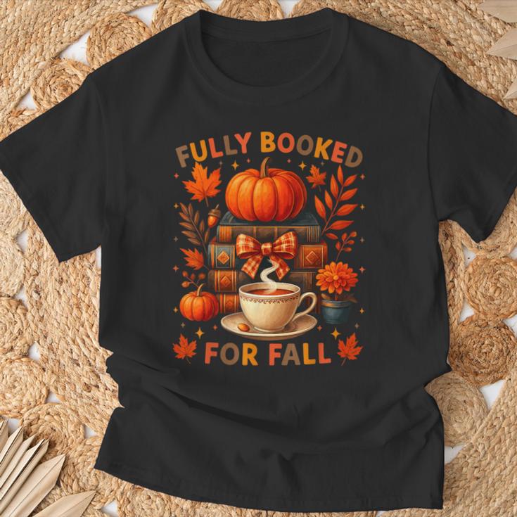 Fully Booked For Fall Books Coffee Leaves Pumpkins Tee T-Shirt Gifts for Old Men