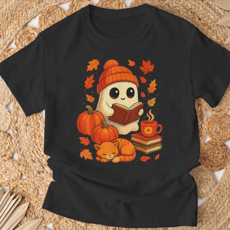 Ghost Reading Book Lovers Autumn Fall Halloween T-Shirt Gifts for Old Men