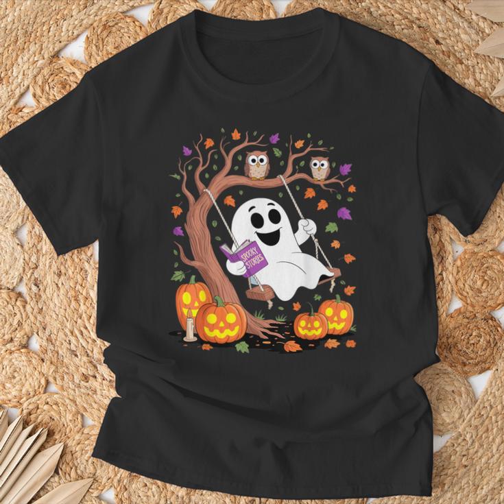 Ghost Reading Book On Swing Halloween Autumn Art T-Shirt Gifts for Old Men