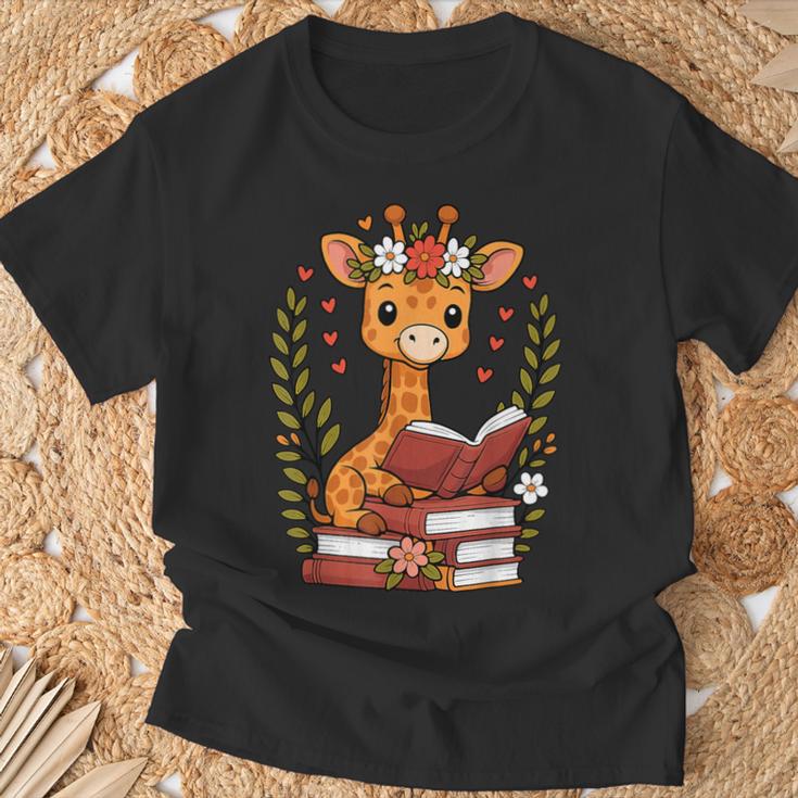Giraffe Reading Book Graphic Giraffe With Book Floral T-Shirt Gifts for Old Men