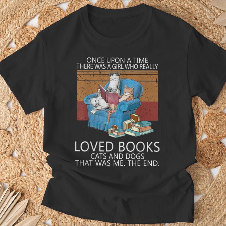 A Girl Who Loves Books Cats And Dogs Cat Book Reading T-Shirt Gifts for Old Men