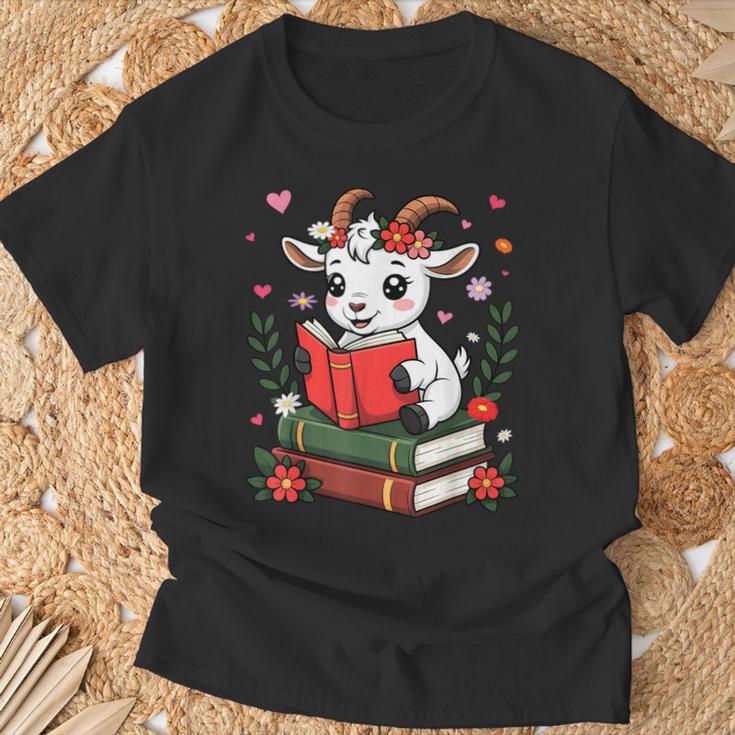 Goat Reading Book Graphic With Floral T-Shirt Gifts for Old Men