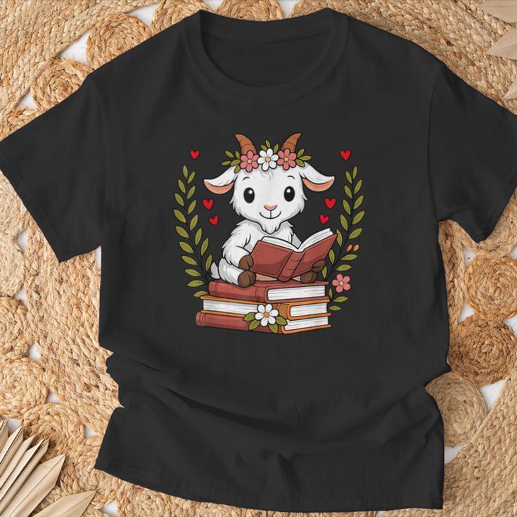 Goat Reading Book Graphic Goat With Book Floral T-Shirt Gifts for Old Men