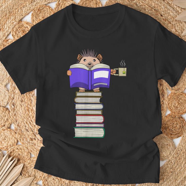 Hedgehog Reading Books And Drinking Tea T-Shirt Gifts for Old Men