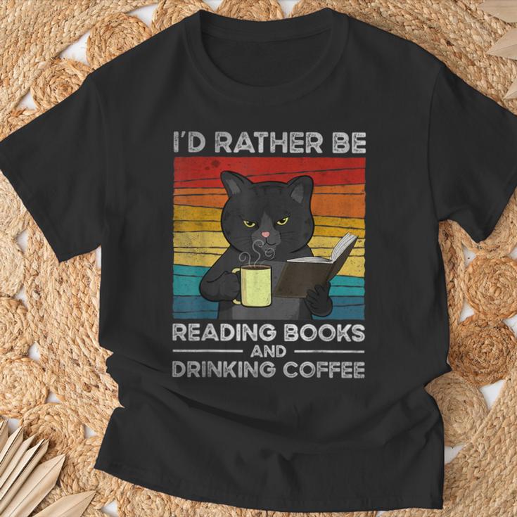 I'd Rather Be Reading Books And Drinking Coffee Cat For Men Women Kids T-Shirt Gifts for Old Men