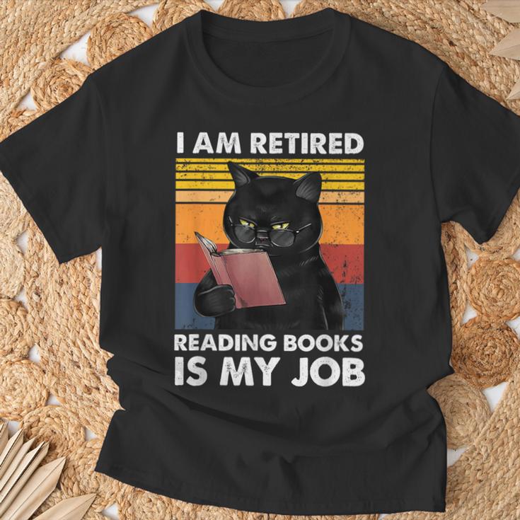 I'm Retired Reading Books Is My Job Cat Reader T-Shirt Gifts for Old Men