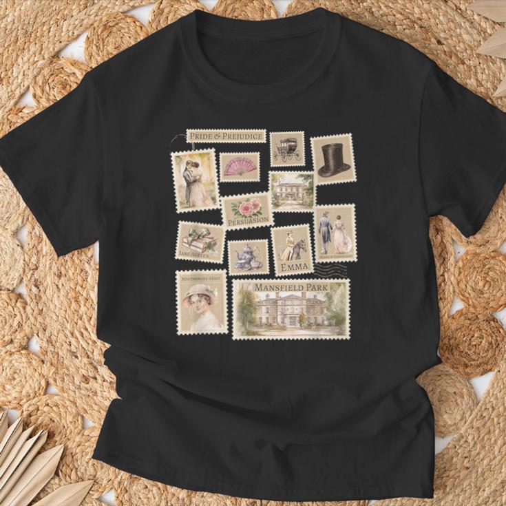 Jane Austen Book Classic Literature Stamp Collage T-Shirt Gifts for Old Men