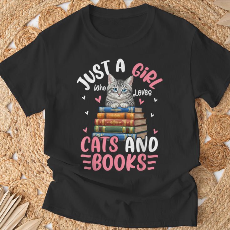 Just A Girl Who Loves Books And Cats Cat Reading Girls T-Shirt Gifts for Old Men