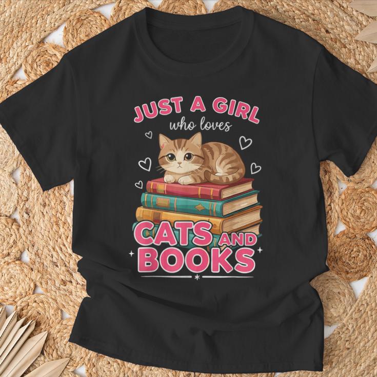 Just A Girl Who Loves Cats & Books Shirt Women Bookworm T-Shirt Gifts for Old Men