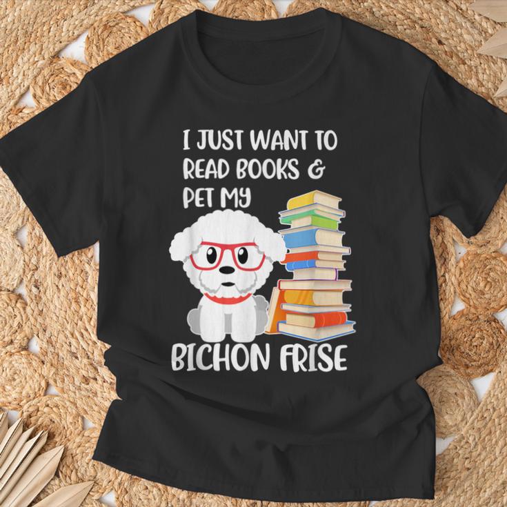 I Just Want To Read Books And Pet My Bichon Frise Dog T-Shirt Gifts for Old Men