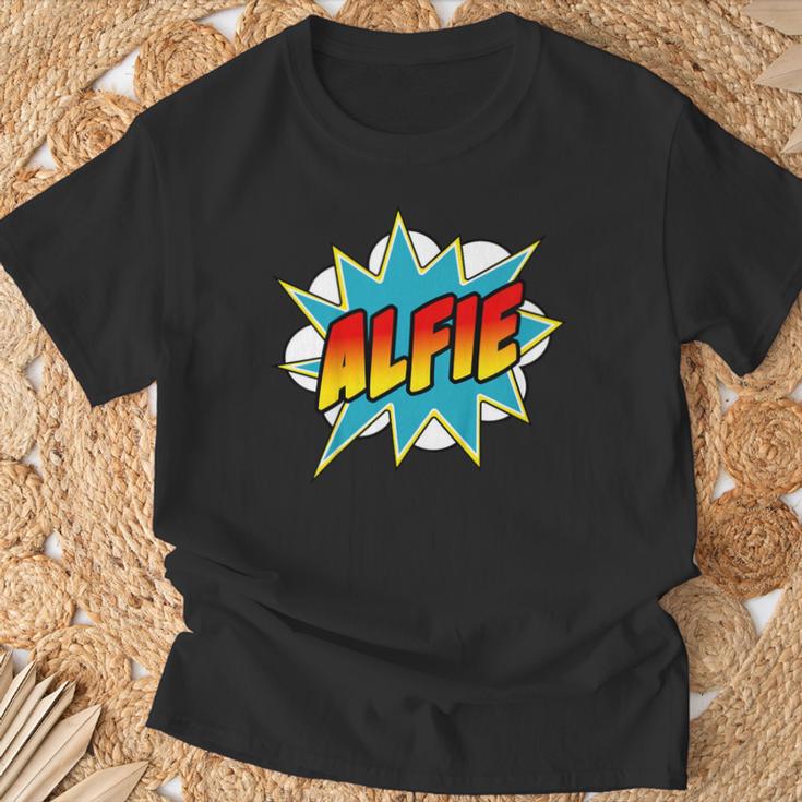 Kids Boys Alfie Name Comic Book Superhero T-Shirt Gifts for Old Men