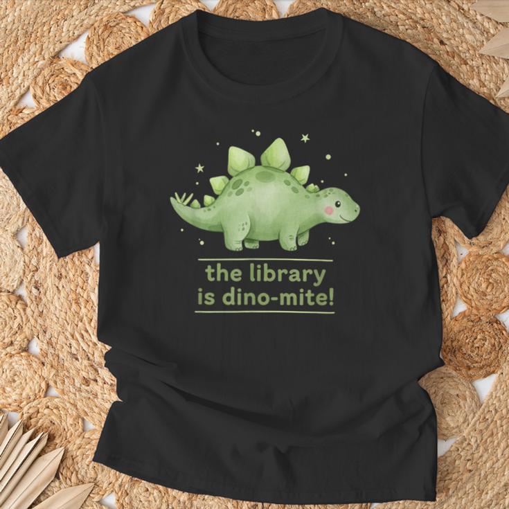 The Library Is Dino-Mite Stegosaurus Reading Kids Book T-Shirt Gifts for Old Men