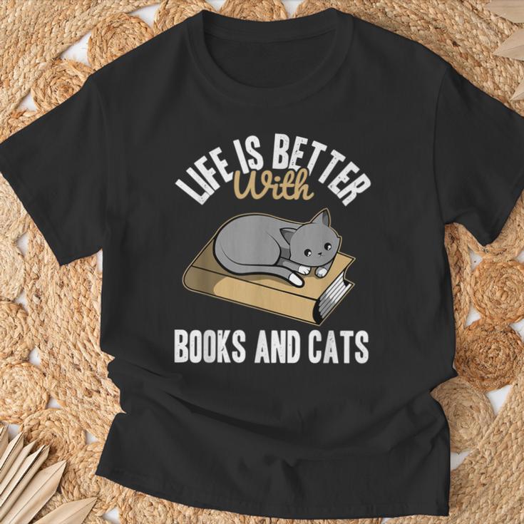 Life Is Better With Books And Cats Cat Owner Books Lover Men Women Kids T-Shirt Gifts for Old Men