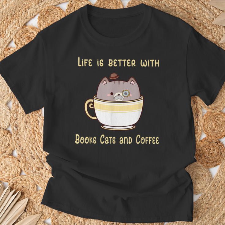 Life Is Better With Books Cats And Coffee Cute Kitten T-Shirt Gifts for Old Men