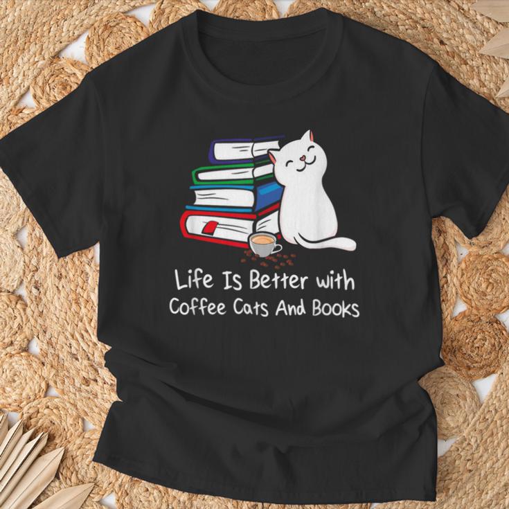 Life Is Better With Coffee Cats And Books Book Lover T-Shirt Gifts for Old Men