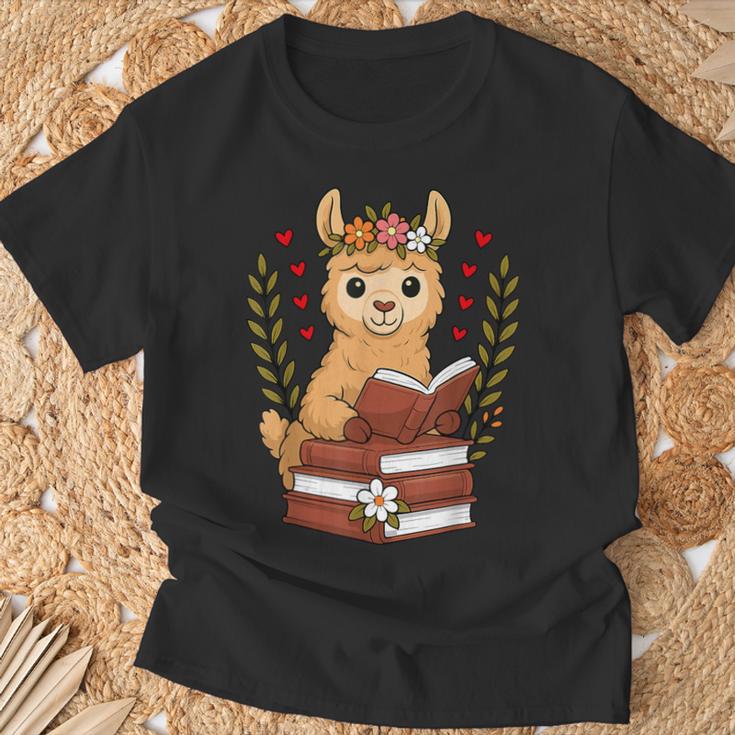 Llama Reading Book Graphic Llama With Book Floral T-Shirt Gifts for Old Men