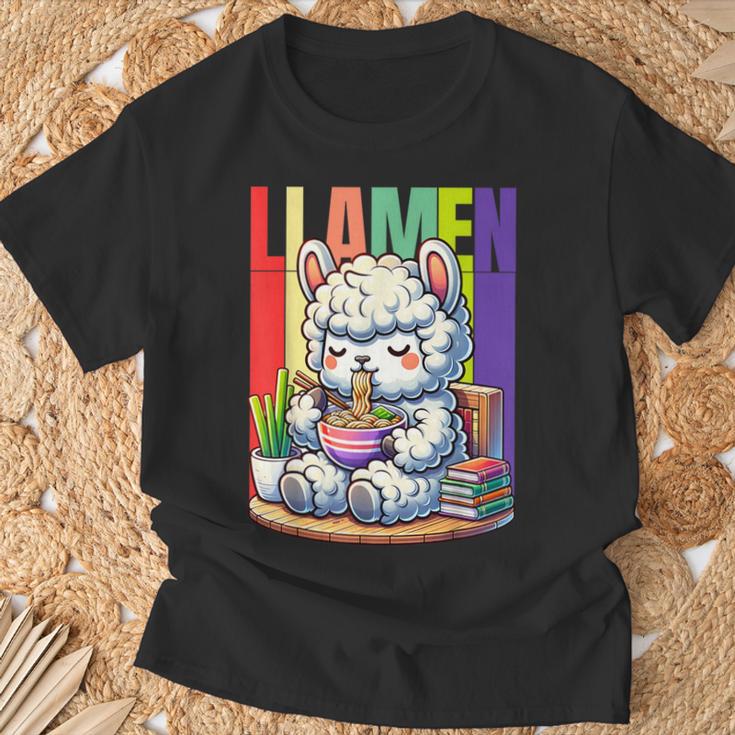 Llamen Cute Kawaii Llama Eating Ramen And Reading Books T-Shirt Gifts for Old Men