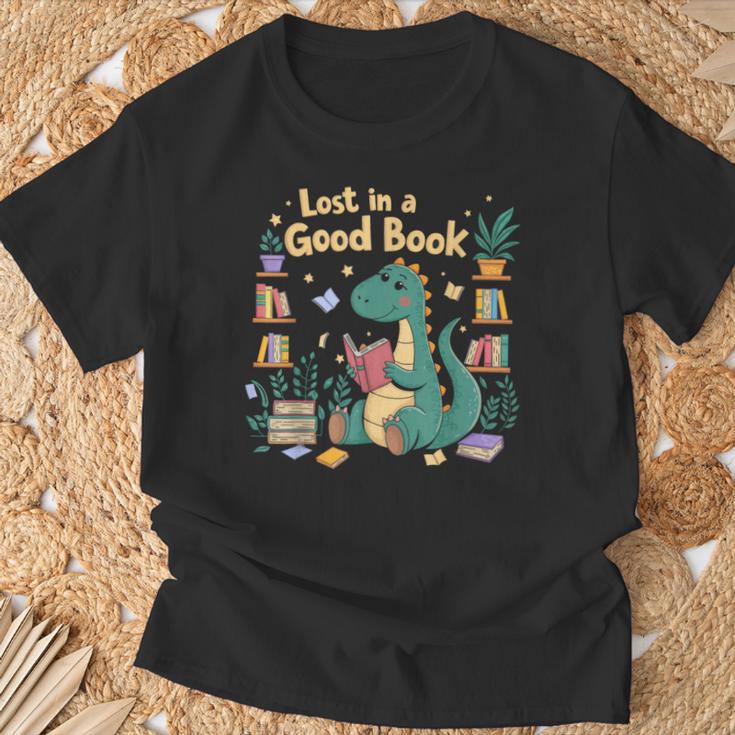 Lost In a Good Book Cute Reading Dinosaur Illustration T-Shirt Gifts for Old Men