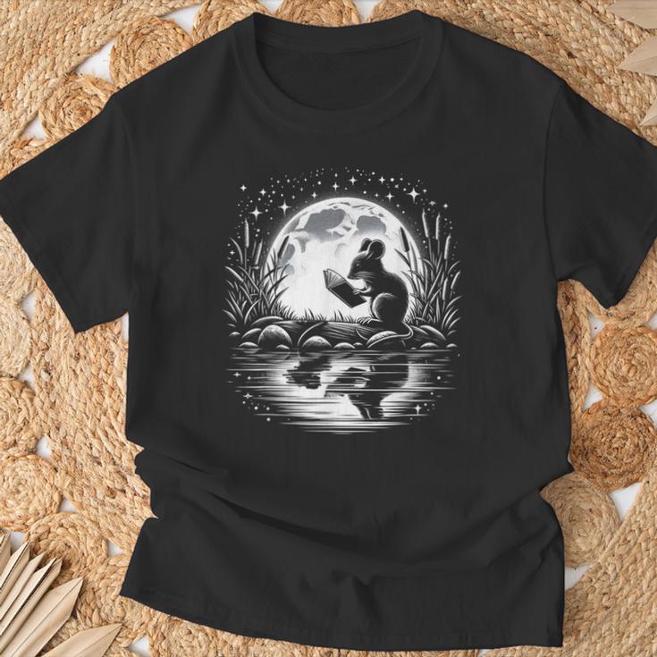 Mouse Reading Book Full Moon Lake Scenery T-Shirt Gifts for Old Men