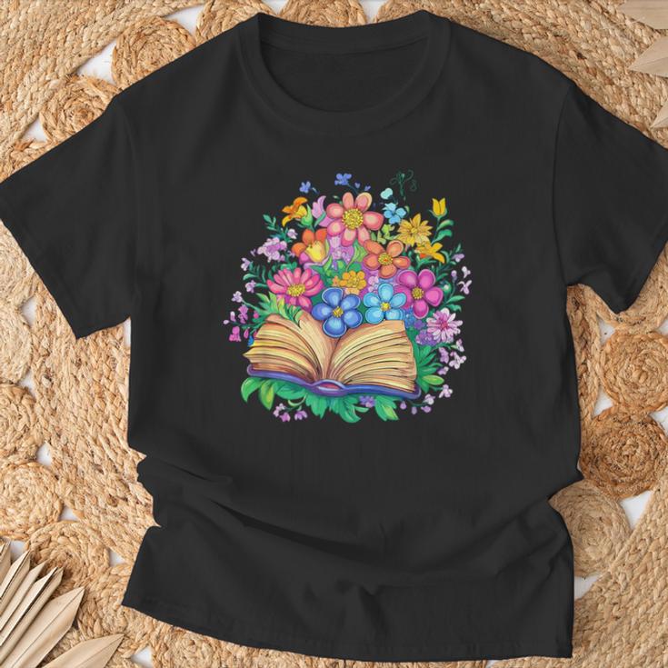 Open Book Surrounded By Colorful Spring Flowers Bloom T-Shirt Gifts for Old Men