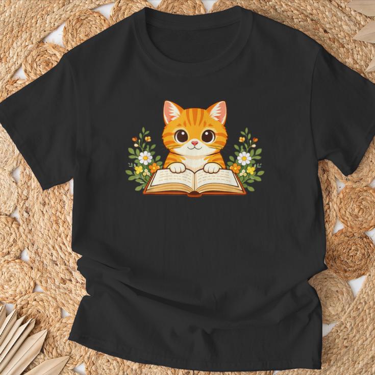Orange Cat Reading Book Flowers T-Shirt Gifts for Old Men