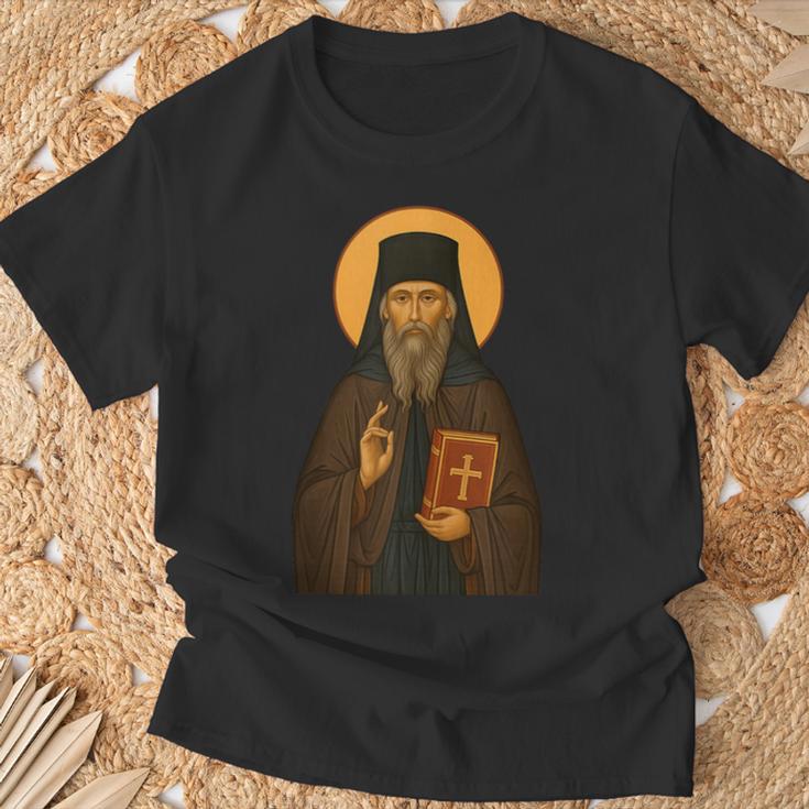 Orthodox Icon Of Seraphim Rose Holding The Holy Book T-Shirt Gifts for Old Men