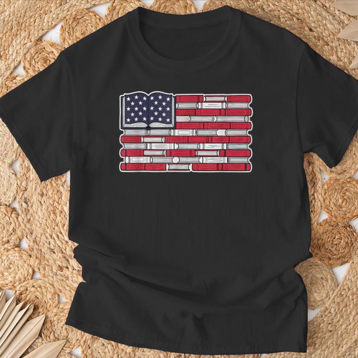 Patriotic Book Flag Reading American Flag Books Teacher T-Shirt Gifts for Old Men