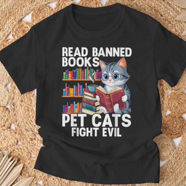 Pet Cats Fight Evil Read Banned Books T-Shirt Gifts for Old Men
