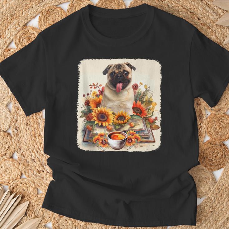 Pug Reading Books Sunflowers With Coffee Lover Owner T-Shirt Gifts for Old Men
