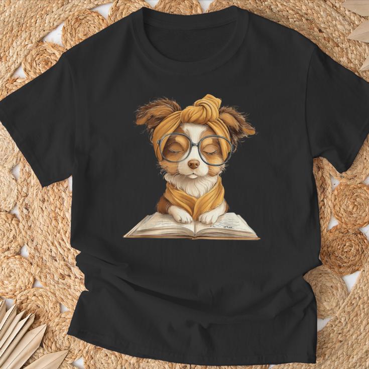 Puppy Open Book Reading Dog Lover Graphic Portrait Round T-Shirt Gifts for Old Men
