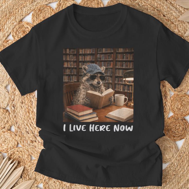 Raccoon I Live Here Now Book Lover Racoon Reading Book T-Shirt Gifts for Old Men