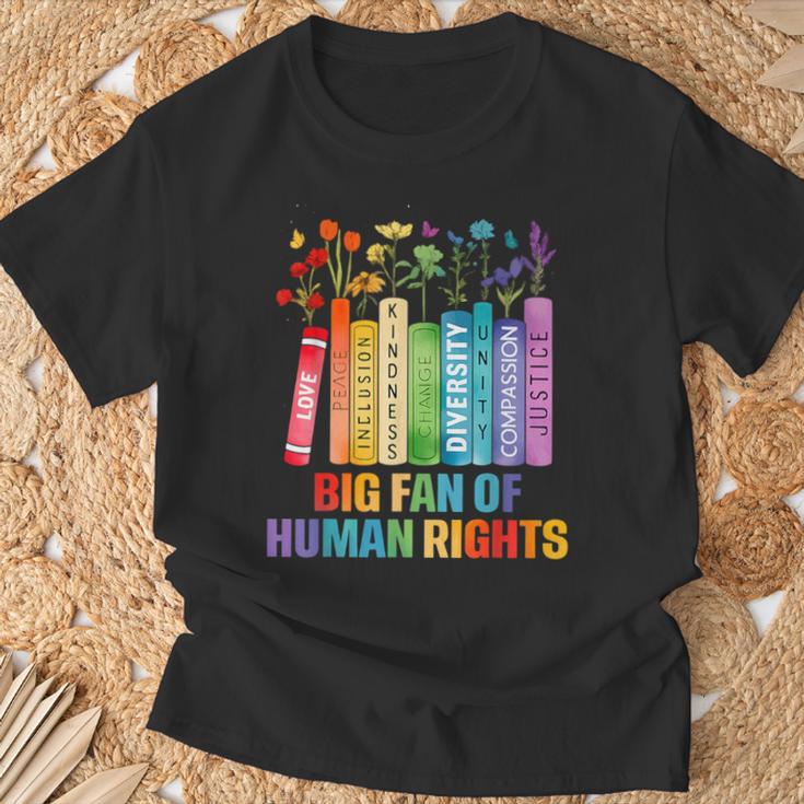Rainbow Big Fan Of Human Rights Floral Book Social Justice T-Shirt Gifts for Old Men