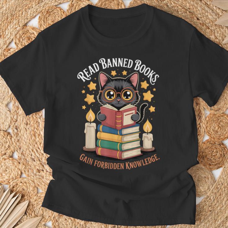 Read Banned Books Gain Forbidden Knowledge Cute Cat Reader T-Shirt Gifts for Old Men
