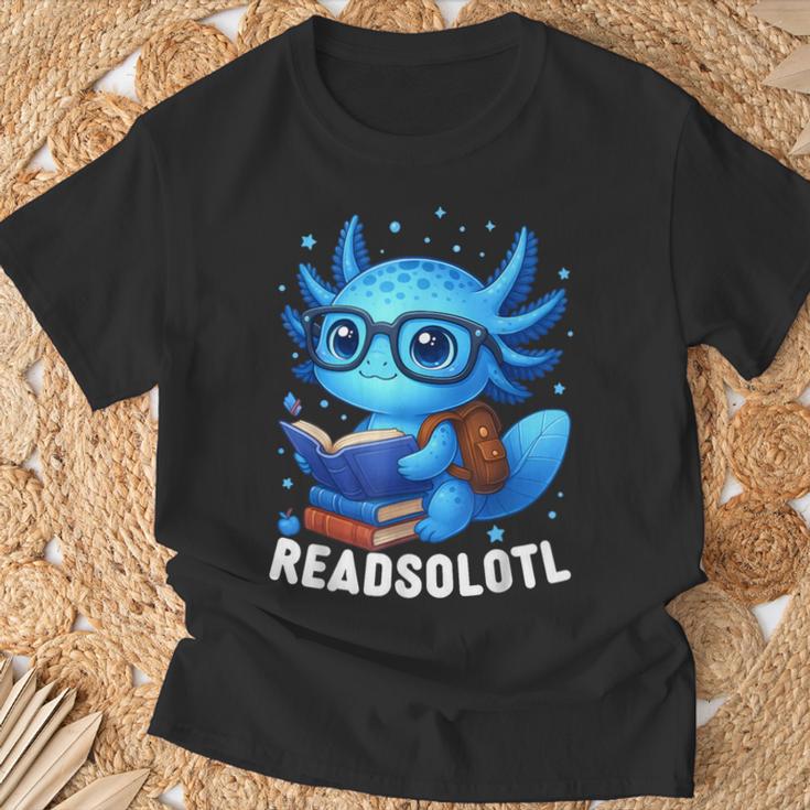 Readsolotl Blue Kawaii Axolotl Book Lover Reading T-Shirt Gifts for Old Men