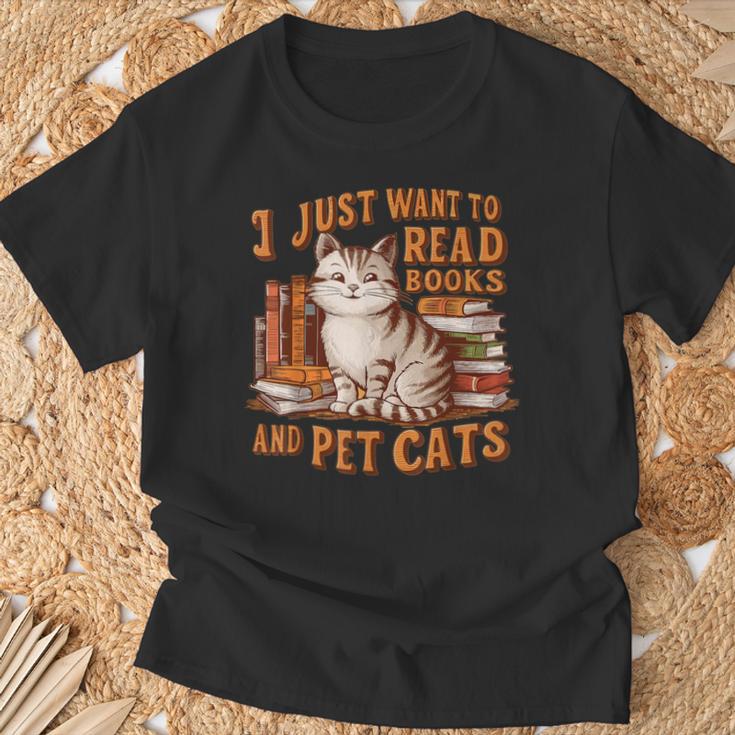 Retro I Just Want To Read Books And Pet Cats Cat T-Shirt Gifts for Old Men