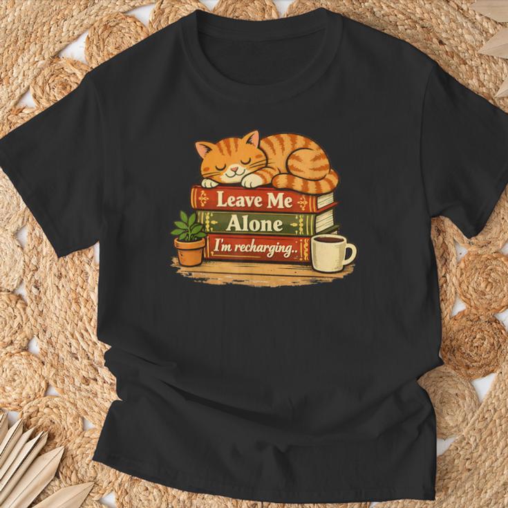 Sleeping Cat On Books Leave Me Alone I'm Recharging T-Shirt Gifts for Old Men