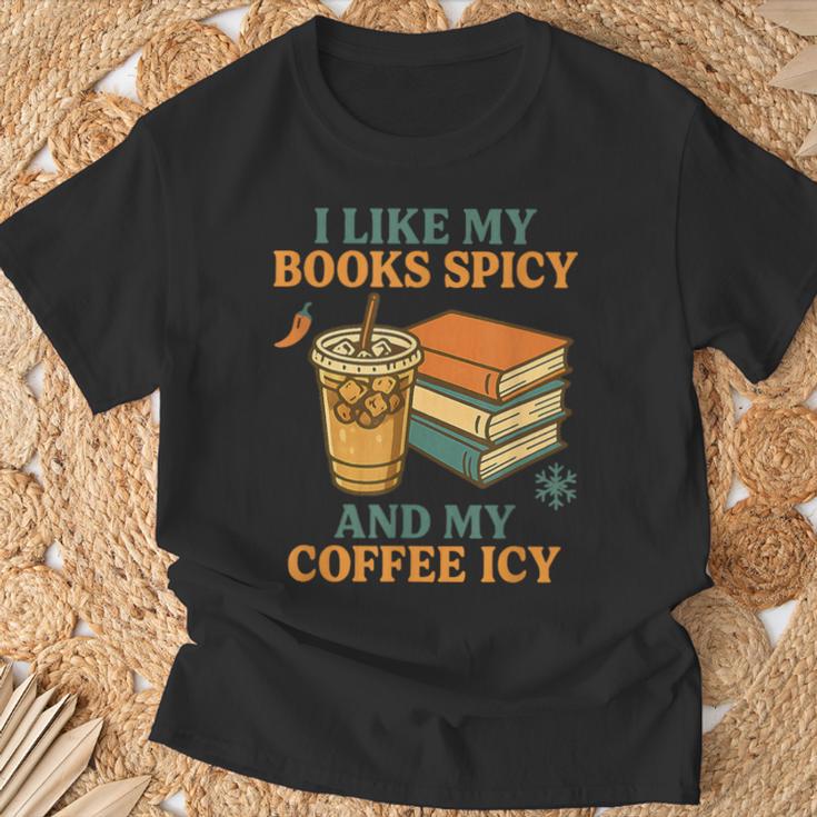 Spicy Books And Iced Coffee Book Lover Smut Reader T-Shirt Gifts for Old Men