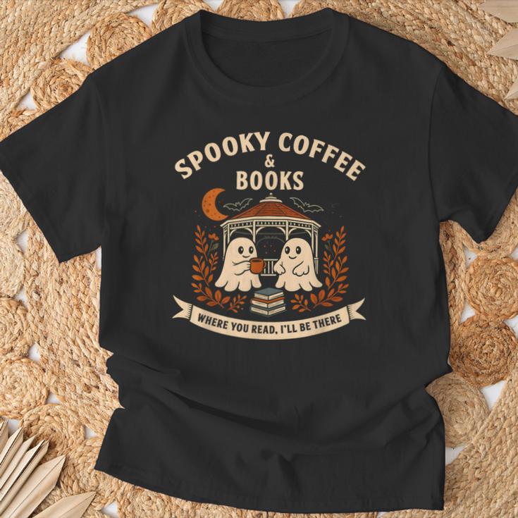 Spooky Coffee & Books Ghost Autumn Reading T-Shirt Gifts for Old Men