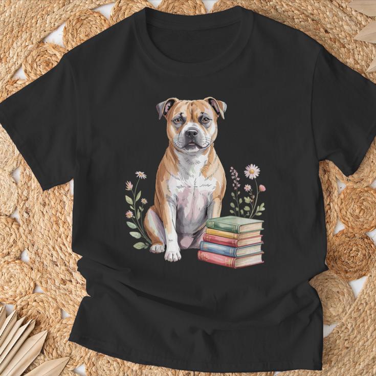 Staffordshire Bull Terrier Books Flowers Book Reading T-Shirt Gifts for Old Men