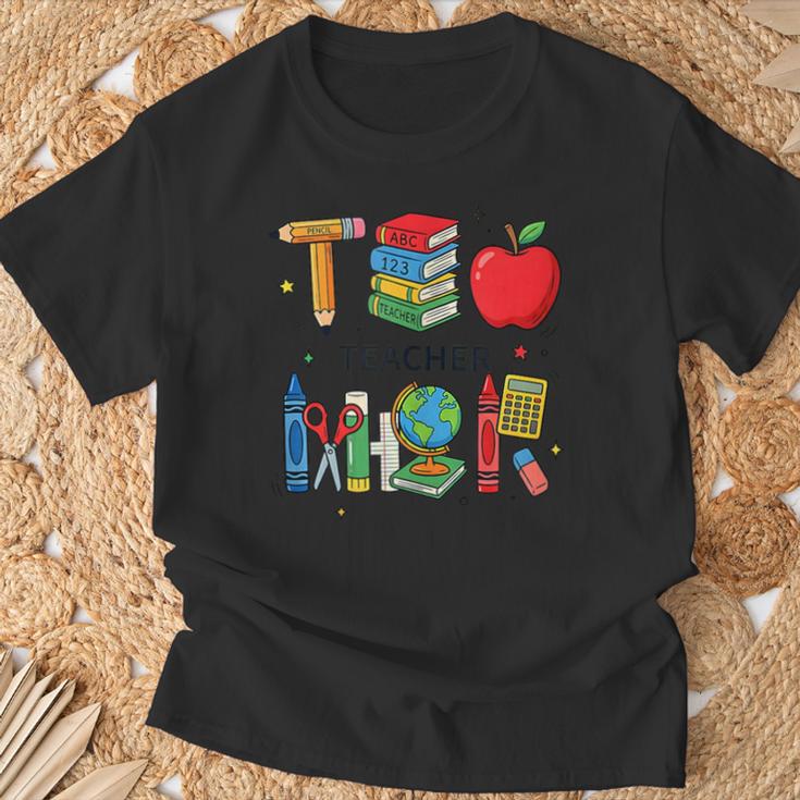 Teacher School Supplies Apple Books Pencil Globe Crayon T-Shirt Gifts for Old Men