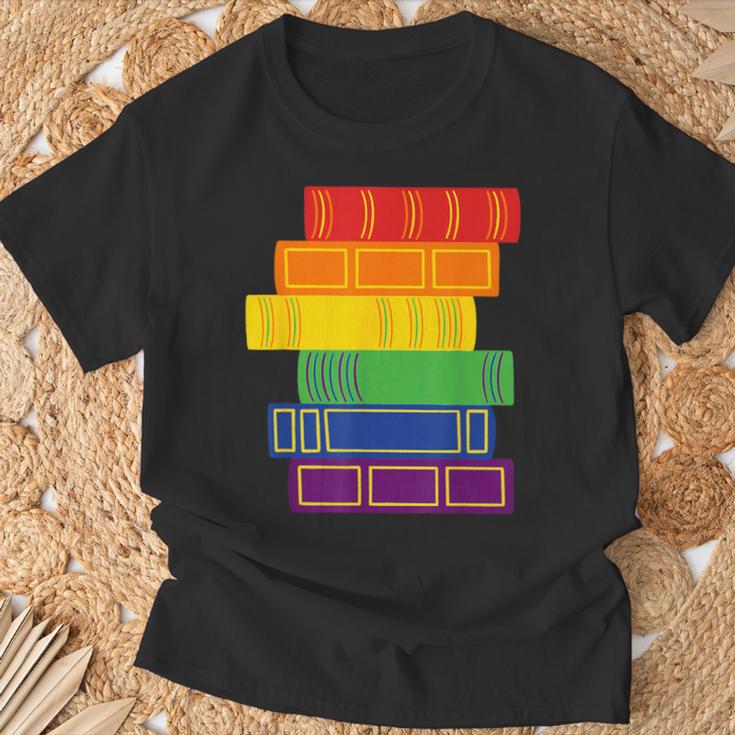 Threadless Grey Sky Chai Rainbow Book Pride Stack Graphic T-Shirt Gifts for Old Men