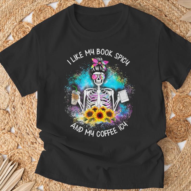 Tie-Dye Messy Bun Skull I Like My Books Spicy & My Coffee T-Shirt Gifts for Old Men